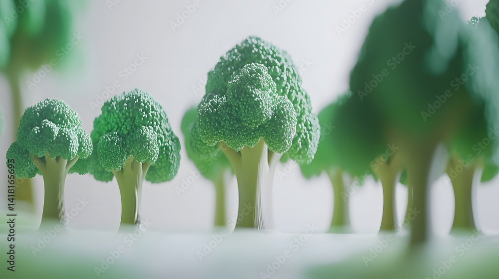 Poster a whimsical image depicting broccoli florets as trees in a miniature forest. soft lighting and a sha