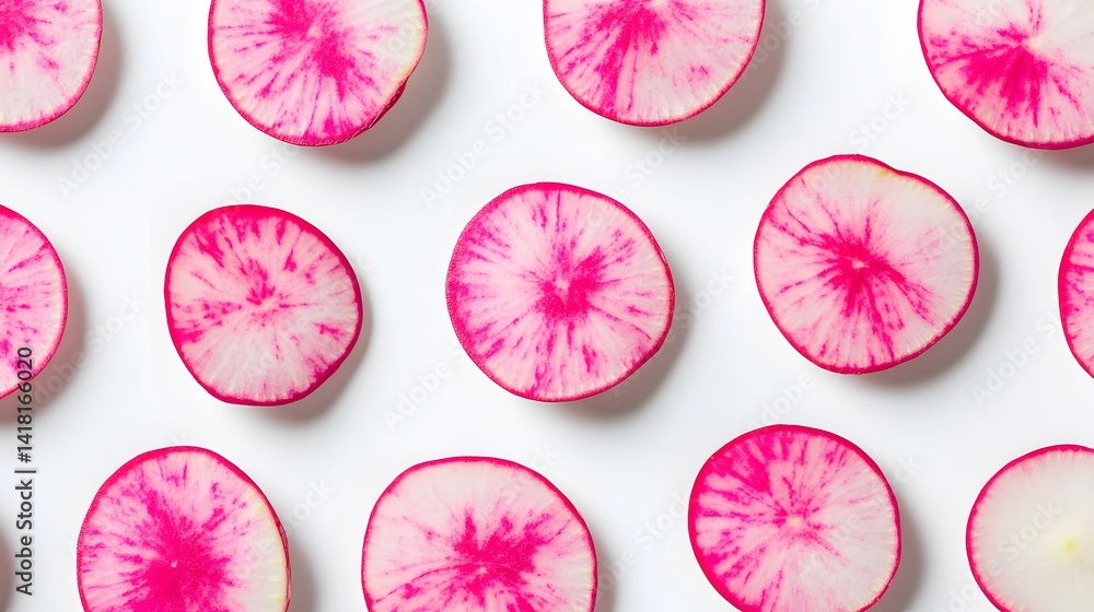 Poster flatlay of vibrant pink radish slices arranged in a repeating pattern on a white background. a fresh