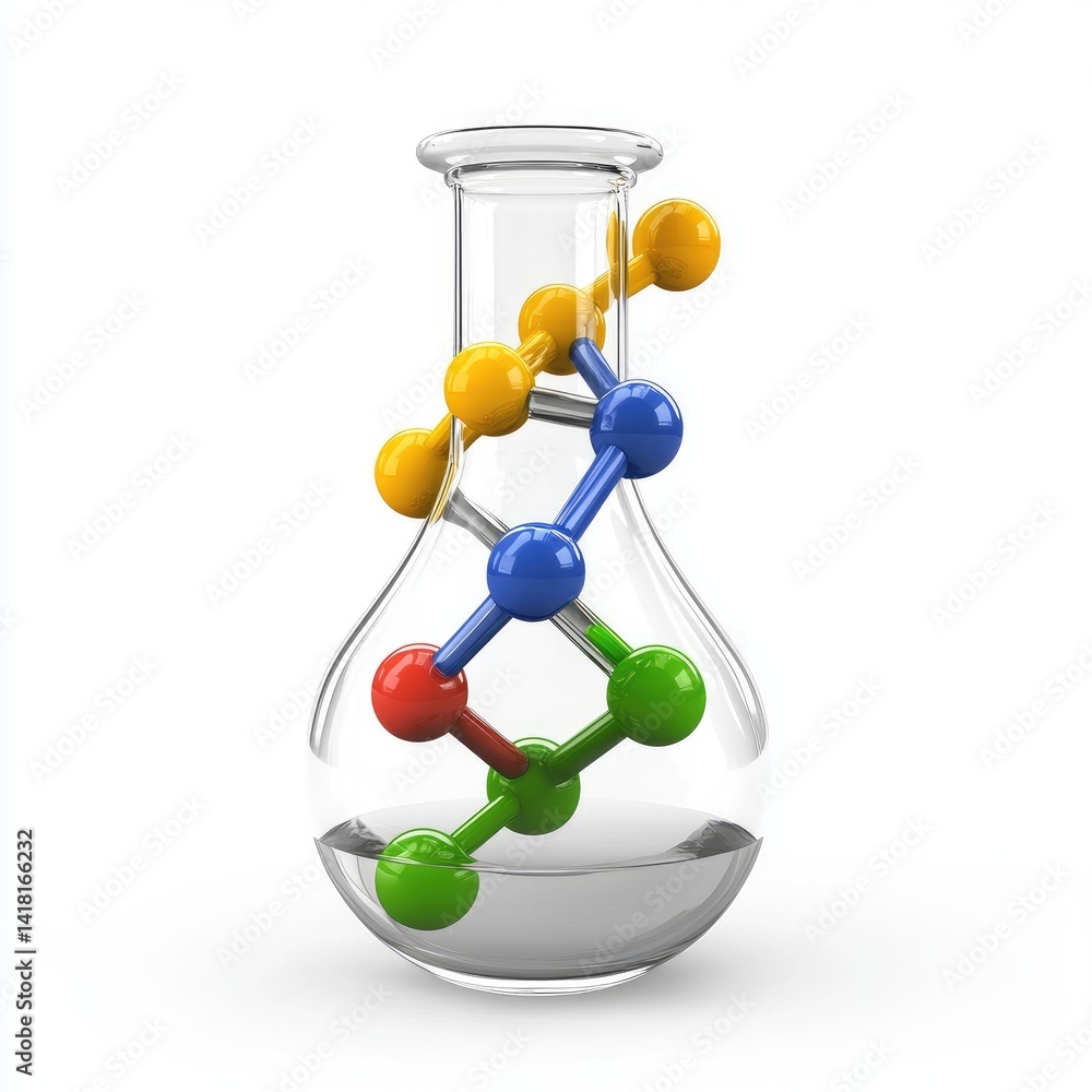Poster colorful molecular structure contained within a laboratory flask.