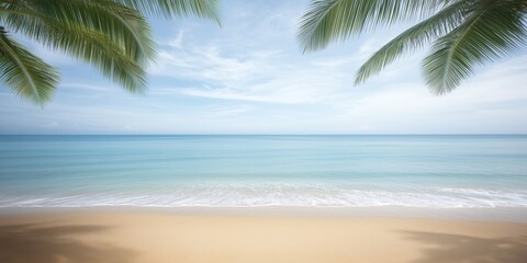 Serene beach view with palm trees, calm sea, soft waves, clear sky, sunny day, peaceful atmosphere
