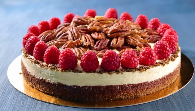 Close up birthday cake decorated with raspberry and pecan nuts - Powered by Adobe