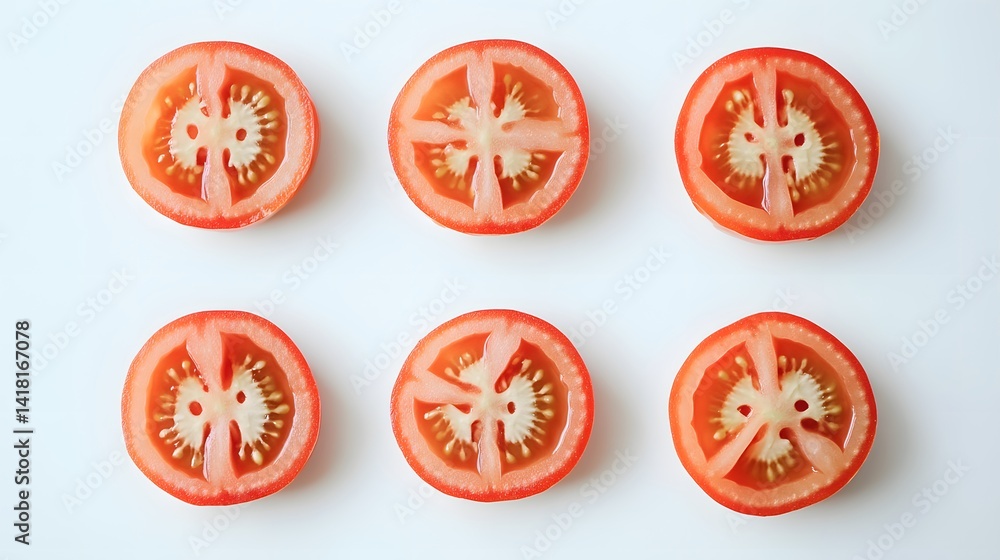 Aufkleber six perfectly sliced tomato rounds arranged in two rows on a white background. each slice showcases 