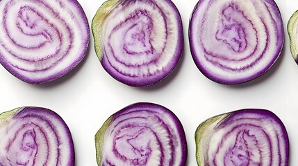 Fototapeta premium Close-up of six vibrant purple eggplant slices arranged in rows on a white background, showcasing their concentric rings and unique texture.