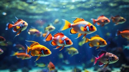 Naklejka premium A vibrant underwater scene featuring a line of colorful tropical fish swimming in shallow water