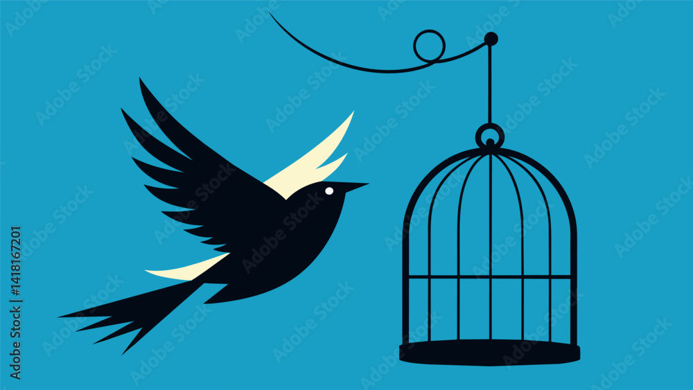 Poster a sketch of a bird flying out of a cage symbolizing the freedom and liberation felt when moving on f