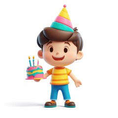 Cheerful cartoon boy with birthday cake.