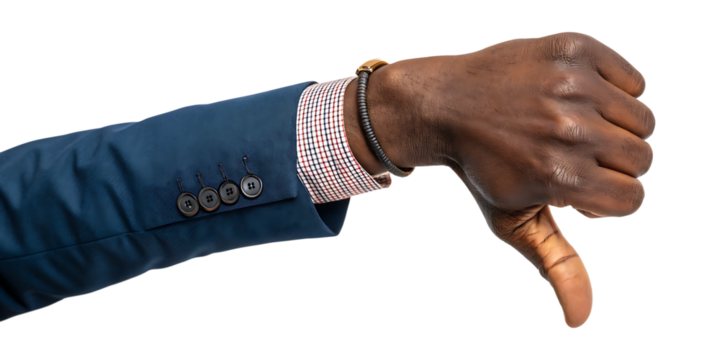Thumbs down gesture by african american man in business suit isolated on white background