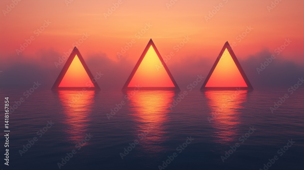 Poster triangular shapes reflect warm sunset hues over tranquil waters creating an ethereal landscape fille