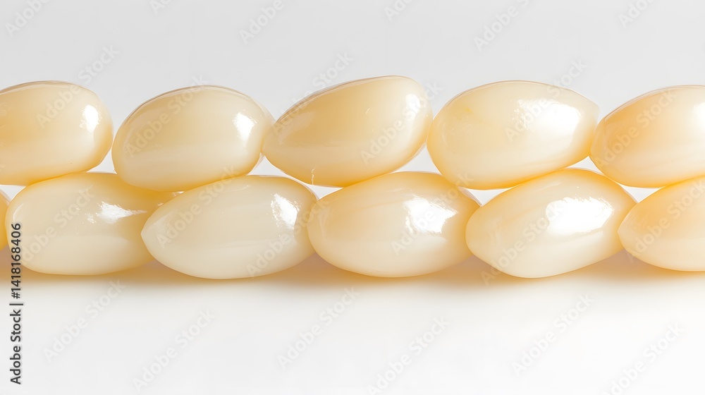 Poster close-up of a row of smooth, pale yellow oval beads. the beads are polished and have a subtle sheen.