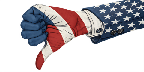 American flag hand with thumbs down wearing suit jacket illustration isolated on white background