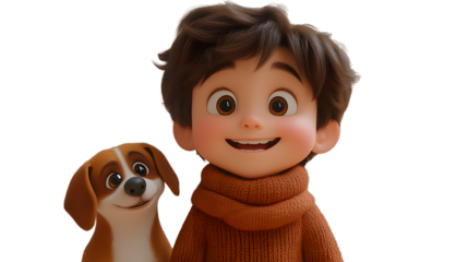 A cheerful animated boy and his loyal dog both smiling warmly perfect for family friendship