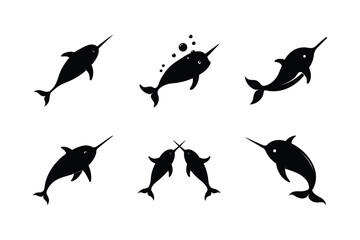 Obraz premium Narwhals Silhouette vector bundle illustration, Set of Narwhals Silhouette 