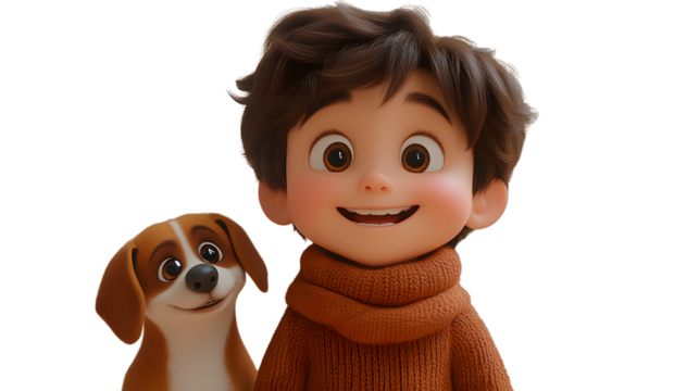 A cheerful animated boy and his loyal dog both smiling warmly perfect for family friendship