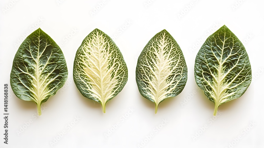 Poster four vibrant green and cream leaves arranged in a row against a stark white background. the leaves e