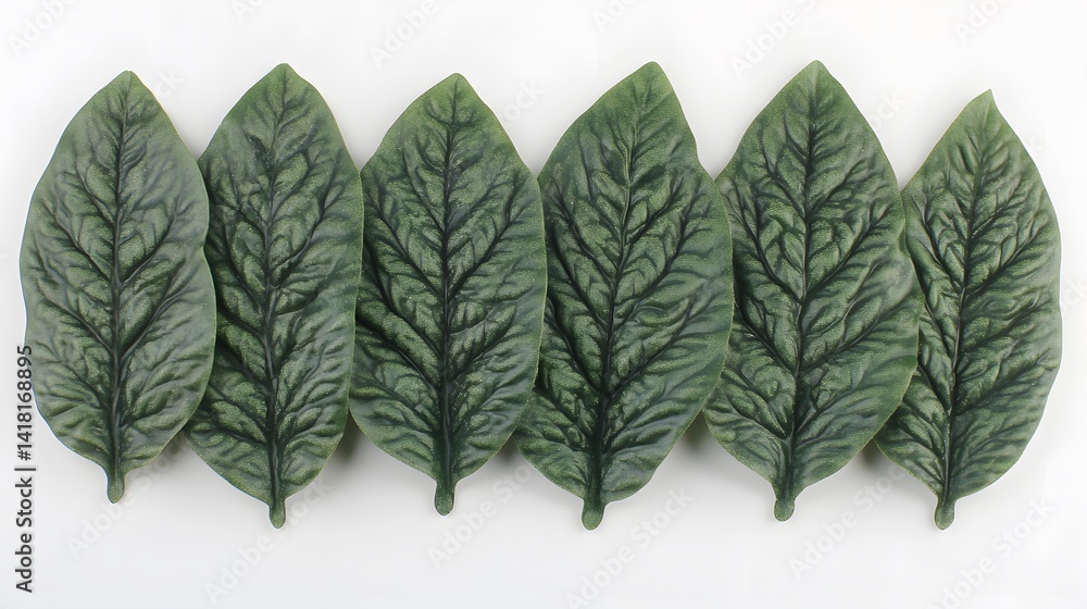 Poster six realistic artificial leaves arranged in a row against a white background. perfect for crafting o