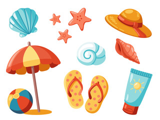 Cartoon Summer Beach elements huge set. Vector isolated illustrations on white background