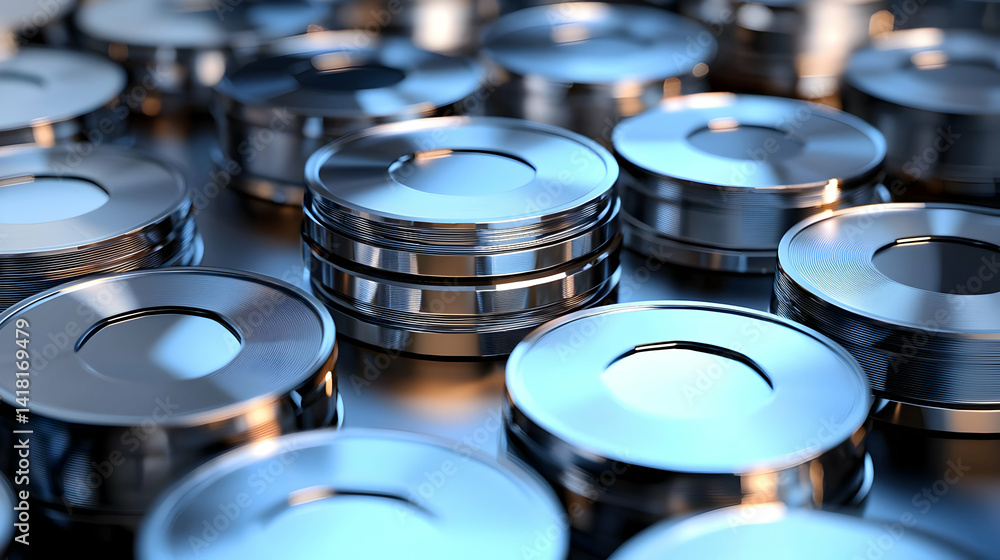 Poster closeup of stacked metallic circular objects