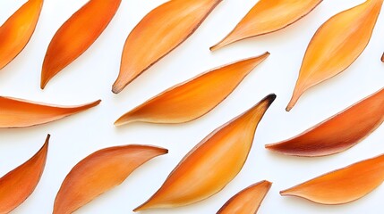 Orange flower petals arranged in a repeating pattern on a white background.  A vibrant and organic texture with a minimalist aesthetic.