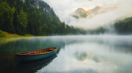 Serene Mountain Lake Scene with Fog and a Lone Boat in the Early Morning