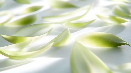 Soft, light green petals gently scattered on a white background.  Illuminated by soft, natural light, creating a serene and peaceful atmosphere. Perfect for spa, beauty, or nature themes.