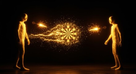 Fototapeta premium Intense darts match between two glowing figures, energy and focus in the air