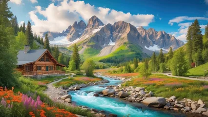 Fotobehang A picturesque landscape featuring a tranquil river flowing through a valley, flanked by lush greenery and autumn-colored trees © MST