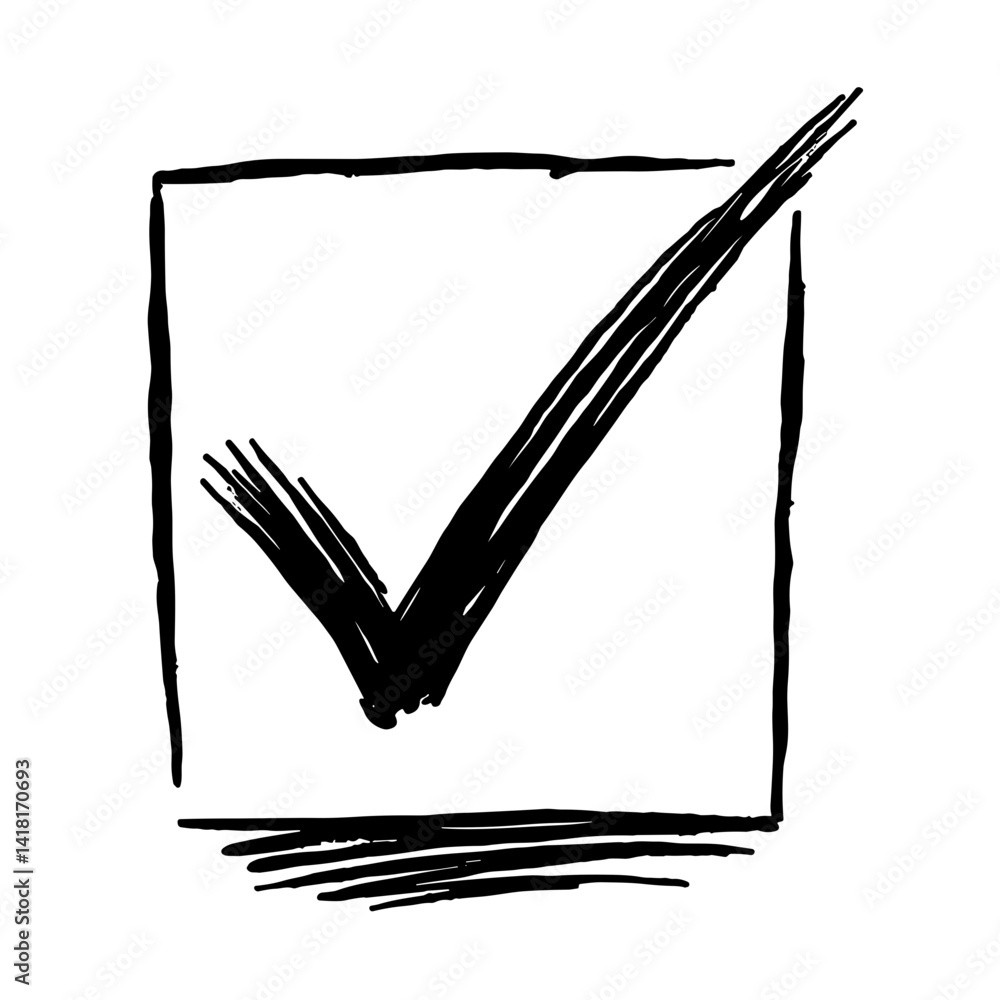 Poster hand-drawn checkmark icon in a square with rough sketchy lines - concept of approval confirmation ta