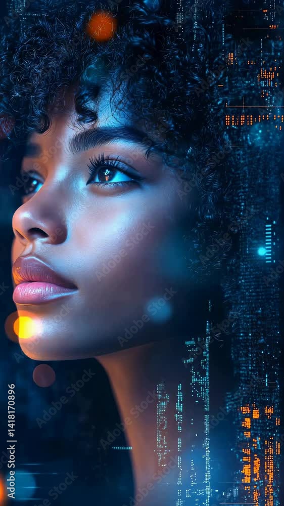Aufkleber Close up shot of a person blended with digital graphics. It shows a futuristic setting, with a focus on the merging of human form and tech in an abstract style.