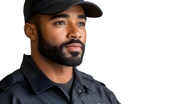 A man wearing a cap and uniform looking thoughtful against a black background
