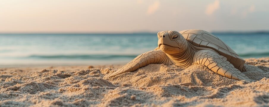 World oceans day with sustainability and protection idea. Turtle resting on sandy beach by the ocean at sunset.
