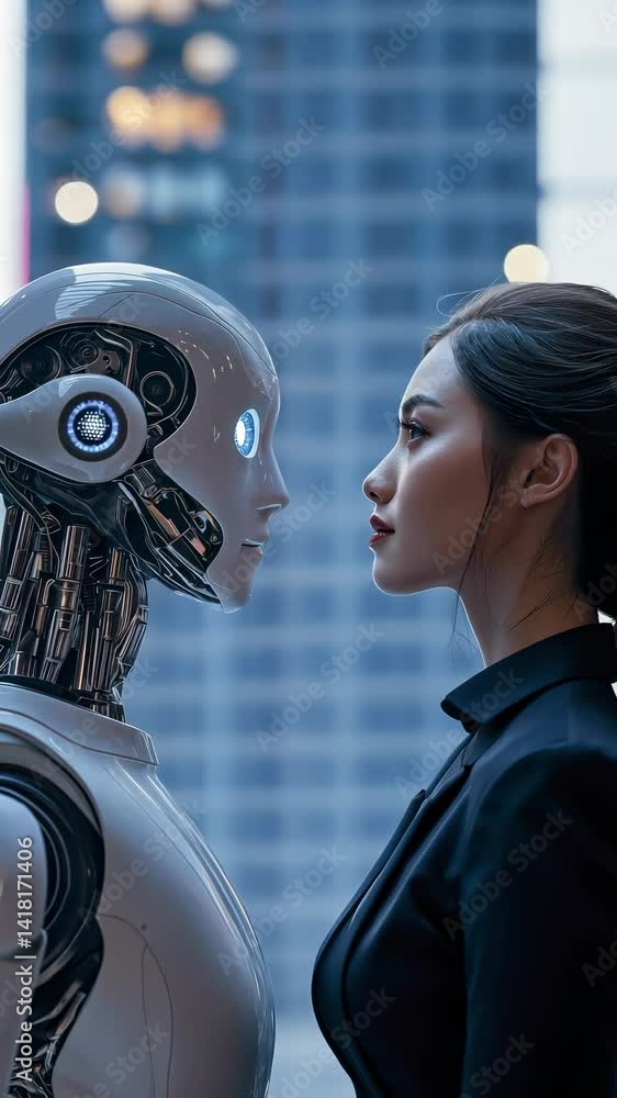 Aufkleber A woman in a suit looks intently at a robot. They are posed closely together in what may be an office space. The background is blurred, focusing the view on this interaction.