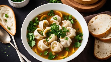 A bowl of delicious dumpling soup garnished with fresh herbs, served with sliced bread on a dark wooden table, perfect for a cozy dining experience