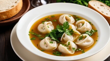 A bowl of delicious dumpling soup garnished with fresh herbs, served with sliced bread on a dark wooden table, perfect for a cozy dining experience