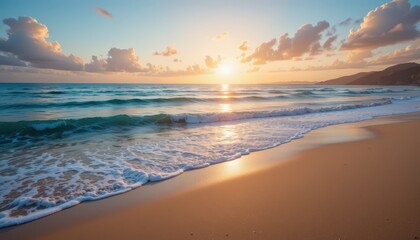 Fototapeta premium Serene Sunrise Over Calm Ocean Waves on Sandy Beach Shoreline