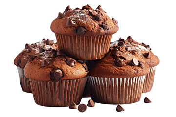 A tempting stack of decadent chocolate chip muffins, rich brown hues and a dusting of powdered sugar, promising a delightful treat.