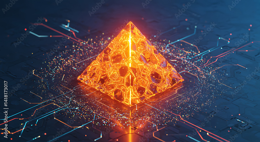 Poster glowing crystal pyramid on digital circuit board, futuristic tech abstract background, 3d render for