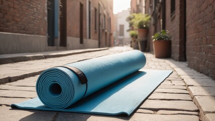 Yoga mat rolled out in sunlit urban alley