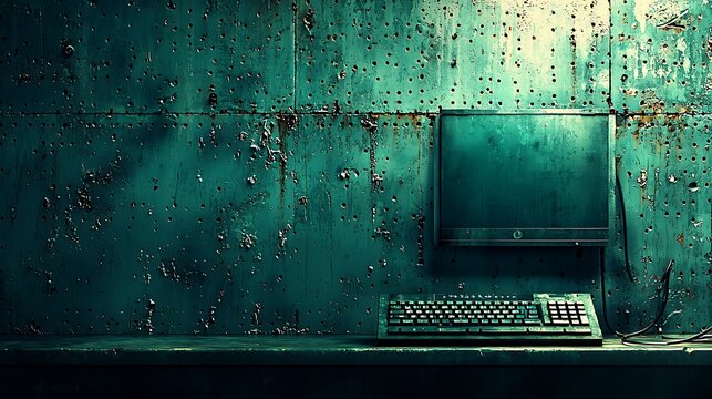 Vintage Computer Setup Teal Metal Wall