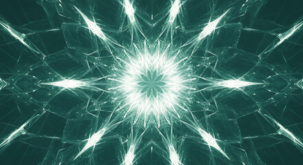 Fototapeta premium Abstract symmetrical glowing digital pattern with vibrant teal and white light trails creating a starburst effect, concept for technology innovation, digital communication and scientific research