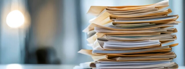 Stack of File Folders with Documents, Workplace ,Paperwork