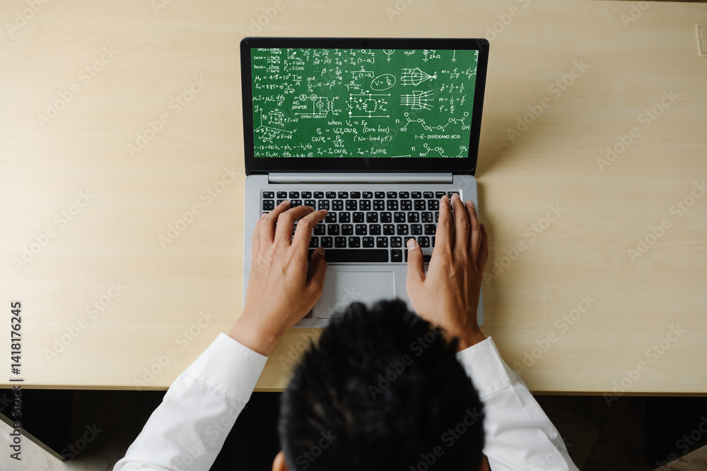 Poster mathematic equations and modish formula on computer screen showing concept of science and education