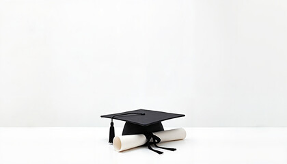 Graduation cap and diploma on clean white background  
