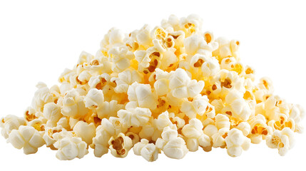 A pile of popcorn is spread out on a white background.