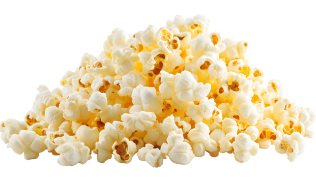 A pile of popcorn is spread out on a white background.