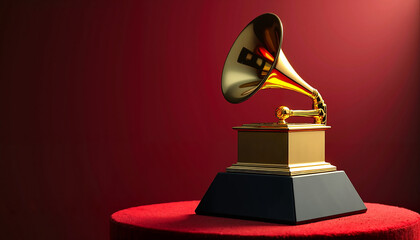 Grammy award trophy on red velvet background
