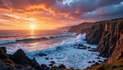 Breathtaking Sunset Over Rocky Coastline with Ocean Waves