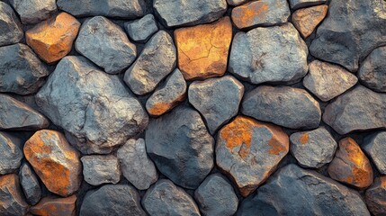 Obraz premium Gray and orange stones create a textured wall.
