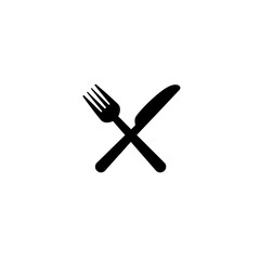Minimal Black Silhouette Icon of Crossed Fork and Knife in Clean Vector Style Centered on White Background