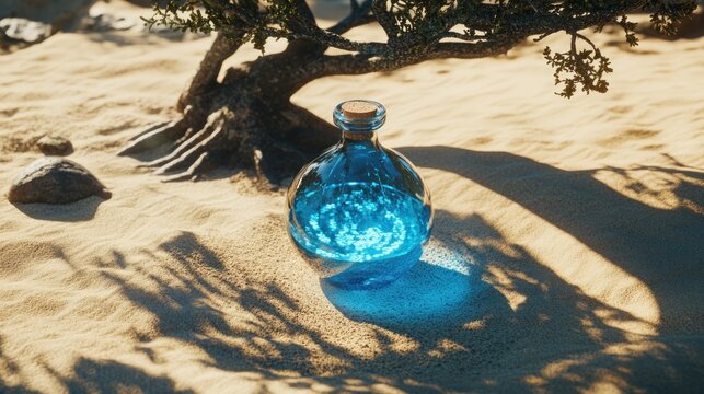 Desert sand, glowing blue bottle, tree shade, mystery