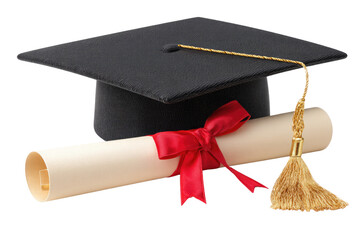 A celebratory graduation cap and diploma tied with a vibrant red ribbon, symbolizing academic achievement and future success against a clean white background.